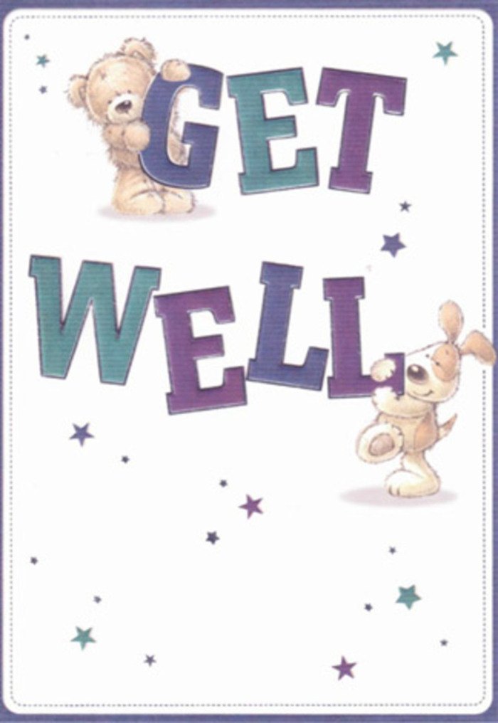 An enchanting illustrated get well card features a teddy bear and a puppy working in tandem to lift the spirits of someone who's under the weather, much as a thoughtfully arranged bouquet from Florist Collier Row would brighten a room off Clockhouse Lane. The bear, rendered in comforting shades of biscuit and soft brown, has plump, huggable limbs and a sweet, round face that leans over the top of the big word GET. Its tiny paws grip the letters as though it is giving the message a reassuring cuddle. Below, a playful puppy with velvety-looking ears and a gently wagging tail nestles into the bold word WELL, its inquisitive expression radiating uncomplicated affection. The typography is large and confident, the letters shaded with a painterly blend of deep purples, indigos, teals, and aquas that give them a lively, slightly embossed quality, as if they've been cut from coloured card and layered by hand. Surrounding the characters are scattered stars and small bursts of light in coordinating shades of blue, violet, and turquoise, drifting across a clean, creamy white background that feels airy and uncluttered, reminiscent of morning light through a window in a Collier Row townhouse. The textures are suggested with care-the bear's slightly shaggy fur, the puppy's smoother coat, and the gentle gradients in the letters-all hinting at touch and depth even without any real shadow. The mood is one of gentle optimism and childlike reassurance, capturing the tender moment of sending well wishes along with perhaps a vase of fresh, calming flowers to someone recuperating near Marks Gate or along Collier Row Road, offering a small, heartfelt celebration of healing.