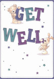 A whimsical illustrated get well card shows a soft, honey-brown teddy bear and a floppy-eared puppy working together to share a cheerful message, as if they were two close friends from a Collier Row garden. The bear, with plush-looking fur you can almost feel, leans over and hugs the top of the large word GET, while the puppy, all velvety ears and wagging energy, balances happily against the bold letters of WELL beneath. The text is painted in generous, chunky lettering shaded in rich indigo, teal, and aqua tones that glow against a pristine, creamy white background, much like fresh blooms standing out in a clear glass vase on a bright morning in nearby Raphael Park. Around the characters, scattered stars and tiny bursts of deep purple, gentle lilac, and soft turquoise drift across the card, echoing the sparkle of hope and recovery. The composition feels light and uncluttered, with plenty of breathing space, giving the same sense of calm reassurance as a thoughtfully arranged get well bouquet from a trusted Collier Row florist. Every brushstroke seems to be placed with care: the rounded paws, the puppy's inquisitive nose, and the way their eyes tilt upward in gentle encouragement. The overall mood is tender and uplifting, as though the card is quietly saying, Take your time to heal; you're loved and thought of, making it an ideal partner to a comforting vase of seasonal flowers delivered to a bedside along Chase Cross Road or in the quiet streets just off Collier Row Lane.